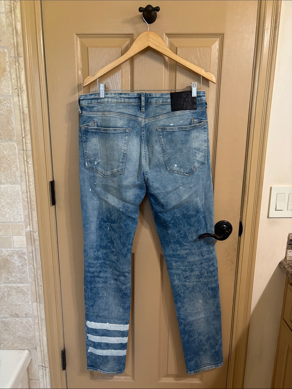 PRPS Men's Blue Washed Slim Straight Jeans with Paint Splatter - Picture 3 of 5